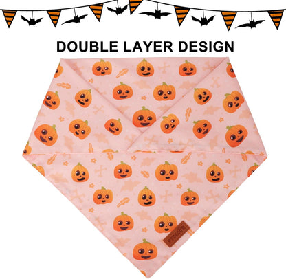 PTDECOR Halloween Dog Bandana, Cute Ghost Pumpkin Design Reversible Holiday Pet Scarf, Adjustable Orange Yellow Halloween Bandanas for Small Dogs Puppies Cats(Small)