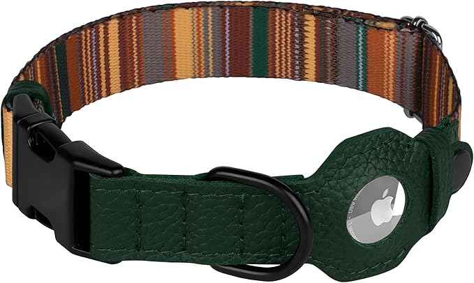 AirTag Dog Collar with Metal Buckle - Printed Nylon Soft Leather Dog Collar with Apple AirTag Holder - Secure Tracking GPS Pet Collars for Girl Boy Small Large Dogs (L, 17"-21" Neck Fit, Striped)