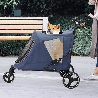 Athena Collection 3 Wheels Pet Stroller Fabric Dog Cart Dog Stroller for Large Dogs 55 Lbs Pet Stroller with Mesh Windows, Zipper Back Pocket, Safety Tether, Angle Adjustable Handlebar, Navy Blue - Pawvie