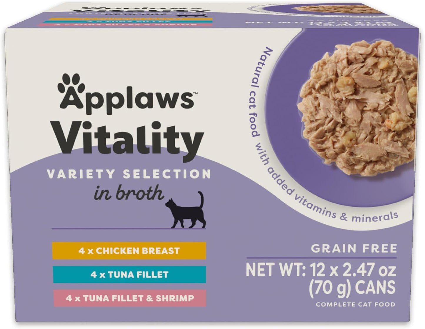 Applaws Vitality Wet Cat Food in Broth, Natural Canned Cat Food, Wet Food for Cats with Added Vitamins and Minerals, Grain Free, Carrageenan Free, Variety Selection in Broth (12 Count, 2.47 oz Cans)