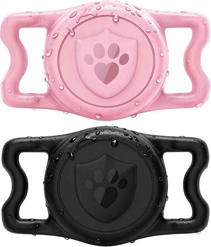 for Airtag Dog Collar Holder – (2 Pack) IP68 Waterproof Dog Air Tag Holder for Dog Collar, Anti-Lost & Durable Silicone Case, Compatible with Apple AirTags (Black & Pink)