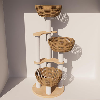 Modern Wood Rattan Cat Tree for Large Cats, Luxury Multi-Level Oak Solid Wood Cat Trees Towers，w/3 Weaving Cat Nests & Washable Cushions, Sisal Scratching Posts, for Indoor Large Cats-No paint/wax oil