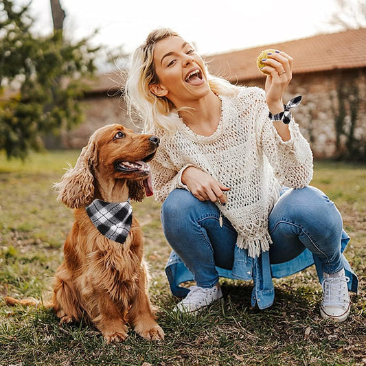 E-Clover Plaid Dog Scarf & Matching Scrunchie Set - Triangle Pet Bandana Bibs for Small Dog Puppy Owner Birthday Gifts - Black & White