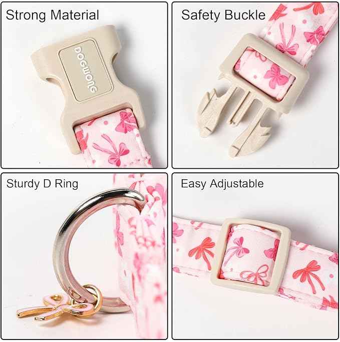DOGWONG Pink Dog Collar, Cute Flower Girl Female Dog Collar Adjustable Soft Bowtie Print Pet Dog Collar for Medium Dogs,M