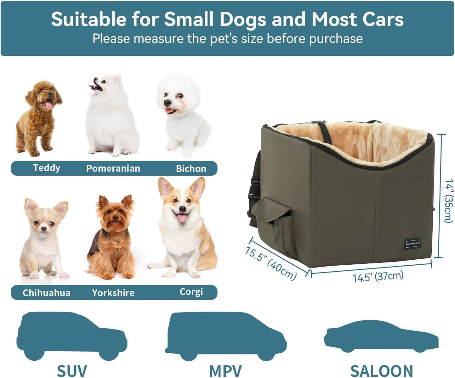 Petsfit Dog/Cat Booster Seat with Pockets, small dog car seat for Cars, Trucks and SUVs (Small, Dark Brown)