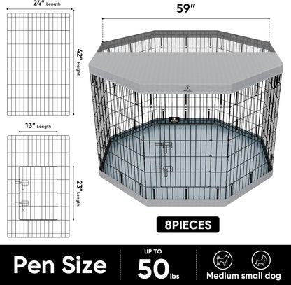 PJYuCien Dog Playpen, 8 Panels 42”H Dog Playpen Indoor with Grey Bottom Pad and Top Cover, Metal Foldable Dog Pen for Indoor Use, Better for Small Medium Animals, Grey
