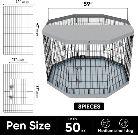 PJYuCien Dog Playpen, 8 Panels 42”H Dog Playpen Indoor with Grey Bottom Pad and Top Cover, Metal Foldable Dog Pen for Indoor Use, Better for Small Medium Animals, Grey