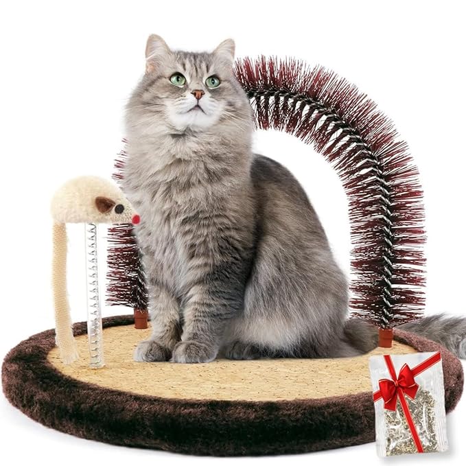 Happi N Pets Large Cat Self Groomer, Arch Grooming Brush with Heavy Wooden Scratching Pad, Rubbing Post & Toy, Cat Face Scratchers Body Massager, Cat Scratchers for Indoor Cats, Brown