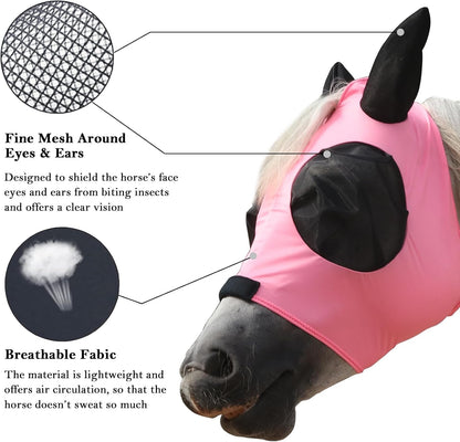 Horse Fly Mask with Ears - Large Eye Space for Full Vision, Breathable Stretch Comfort Fit, UV Protection, Forelock Opening, Easy Pull-On Pink Full