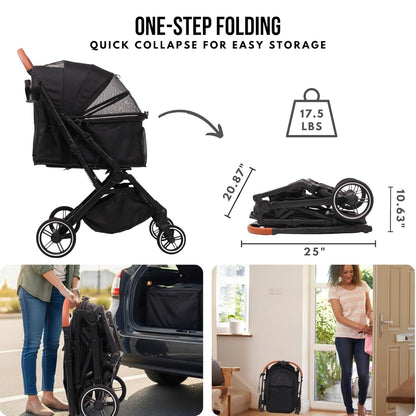 Pet Stroller for Small Medium Dogs Cats Up to 45 lbs, Travel Lite Collapsible, All Terrain 4 Wheels for Jogging, Running, Black