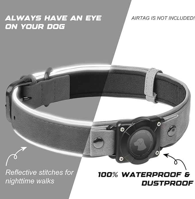 Leather AirTag Dog Collar, Waterproof Dog Collar with Air Tag Holder, Compatible with Apple Air Tag, Reflective, Durable, Comfortable Padded GPS Dogs Collars (Grey, XL)
