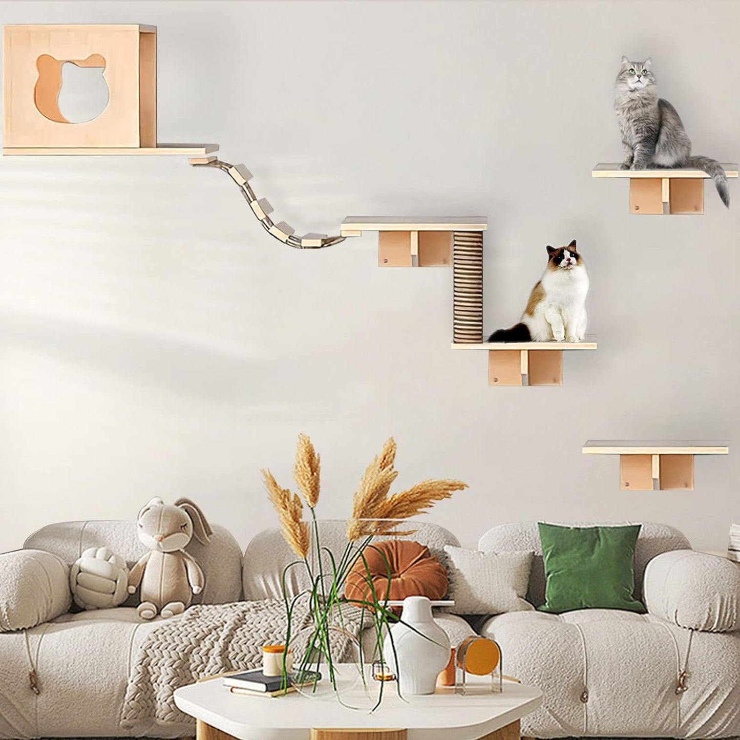 Cat Wall Shelves and Furniture Set with Condos, Perches, Bridge Ladders, Sisal Scratching Posts - Steps and Houses for Cats (A)