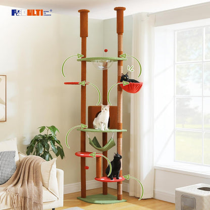 PEQULTI Floor to Ceiling Cat Tree 92.9’’-101.6’’ Height Adjustable Mushroom Cat Tower Tall Climbing Play House with Scratching Posts, Cozy Condo, Perches and Large Hammock for Indoor Cats Brown