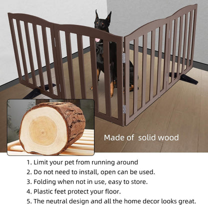 ZJSF Foldable Freestanding Indoor Dog Gate for House Wood Long Pet Gates Dog Fence for Stairs Puppy Gates for Hallways, Puppy Gate,Support Feet Included, Brown, 24 "Height-4 Panels