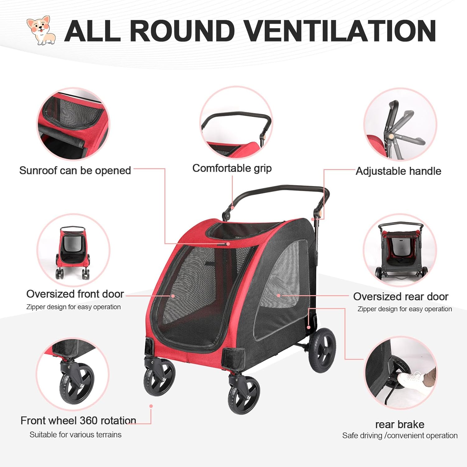 Large Dog Travel Stroller with 4 Heavy Duty Wheels Pet Stroller with Adjustable Handle - Double Doggie Capacity Jogger Wagon with Back Front Door for Small Medium Large Dogs (Red-Black) - Pawvie