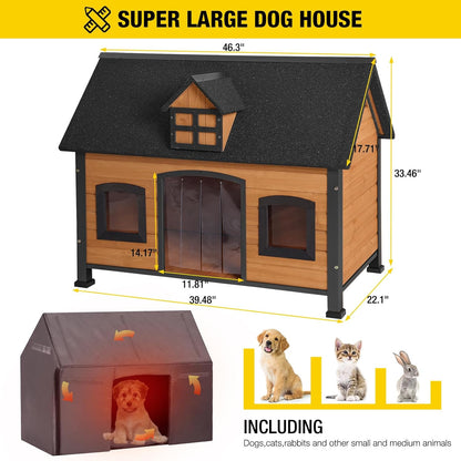 Aivituvin Dog House with Insulated Liner Anti-Chewing Metal Frame Design Insulated Wooden Dog Kennel with Unique Design Roof, Weatherproof Dog House for Outdoor Indoor