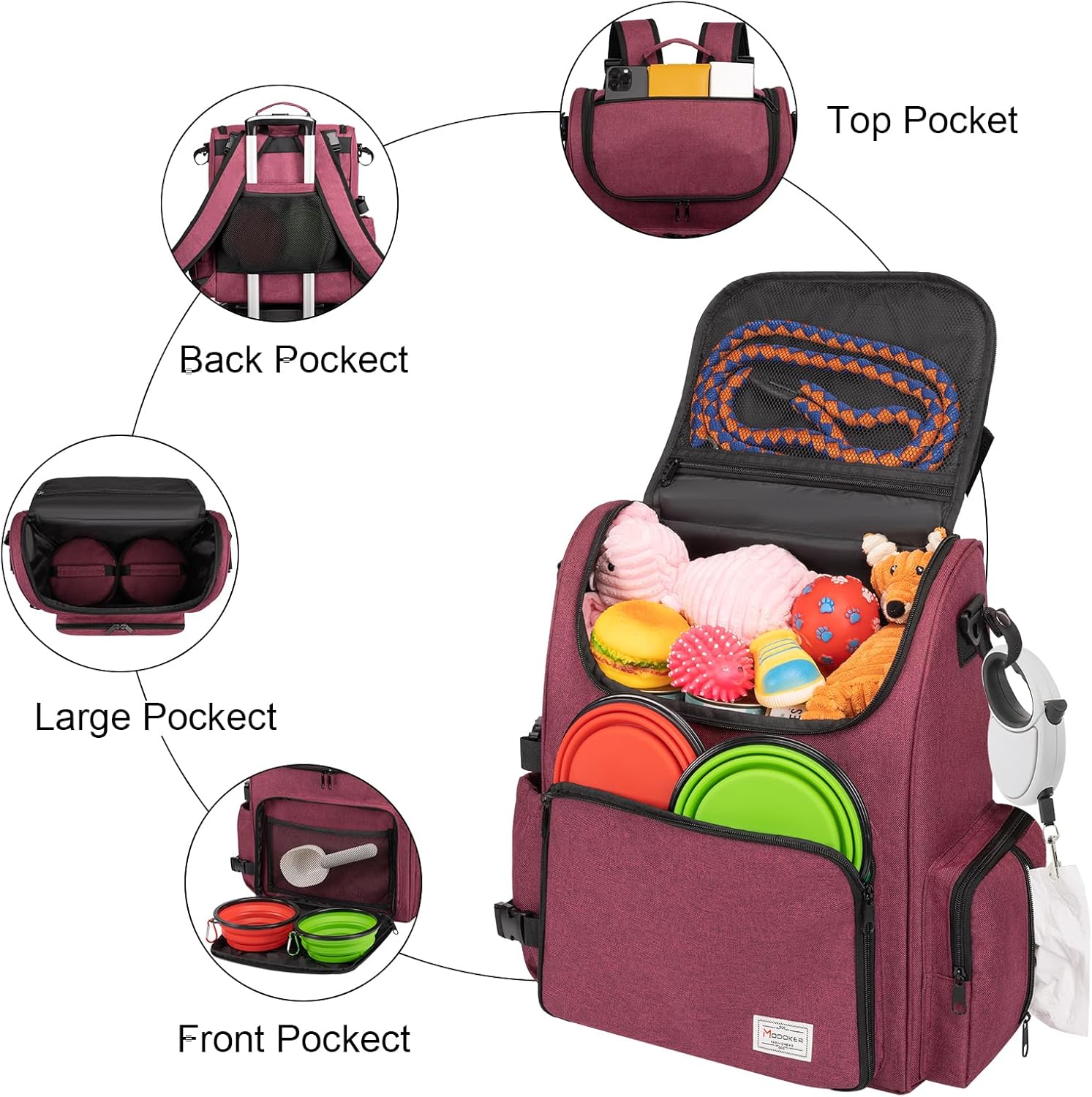 Modoker Dog Travel Bag Backpack, Airline Approved Pet Accessories Organizer for Dog and Cat with Shoulder Strap, 2 Dog Food Storage Containers, 2 Collapsible Dog Bowls,1 Pet Mat, Rose Red - Pawvie