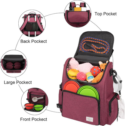 Modoker Dog Travel Bag Backpack, Airline Approved Pet Accessories Organizer for Dog and Cat with Shoulder Strap, 2 Dog Food Storage Containers, 2 Collapsible Dog Bowls,1 Pet Mat, Rose Red - Pawvie