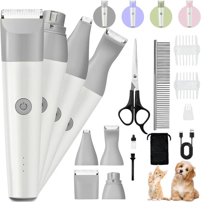 Dog Clippers Grooming Kit, 4 in 1 Quiet Cordless Dog Paw Trimmer & Nail Grinder, Small Dog Cat Clippers Electric Rechargeable Low Noise Pet Shaver for Trimming Hair on Paw Eye Ear Face Rump (Gray)