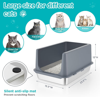 LIHONG Stainless Steel Litter Box with Lid, XL Metal Cat Litter Tray for Indoor Cats, Enclosure Cat Litter Pan for Large Cats, Non-Sticky Large Kitty Litter Box, Anti-Leakage, 23.5" X 15.6" X 12"