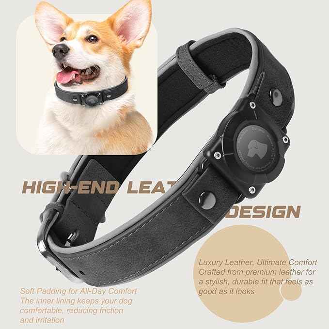 Leather AirTag Dog Collar, Waterproof Dog Collar with Air Tag Holder, Compatible with Apple Air Tag, Reflective, Durable, Comfortable Padded GPS Dogs Collars (Black, L)