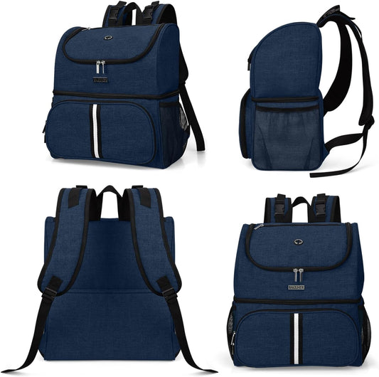 BAGLHER Pet Travel Bag, Double-Layer Pet Supplies Backpack (for All Pet Travel Supplies), Pet Travel Backpack with 2 Silicone Collapsible Bowls and 2 Food Baskets Dark Blue - Pawvie