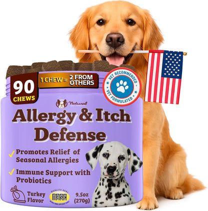 Natural Dog Company Allergy & Itch Defense Chews – Allergy Support for Dogs, Itch Relief, Skin, Coat & Gut Health with Probiotics, Colostrum & Salmon Oil, Grain-Free Dog Supplement, 90 ct