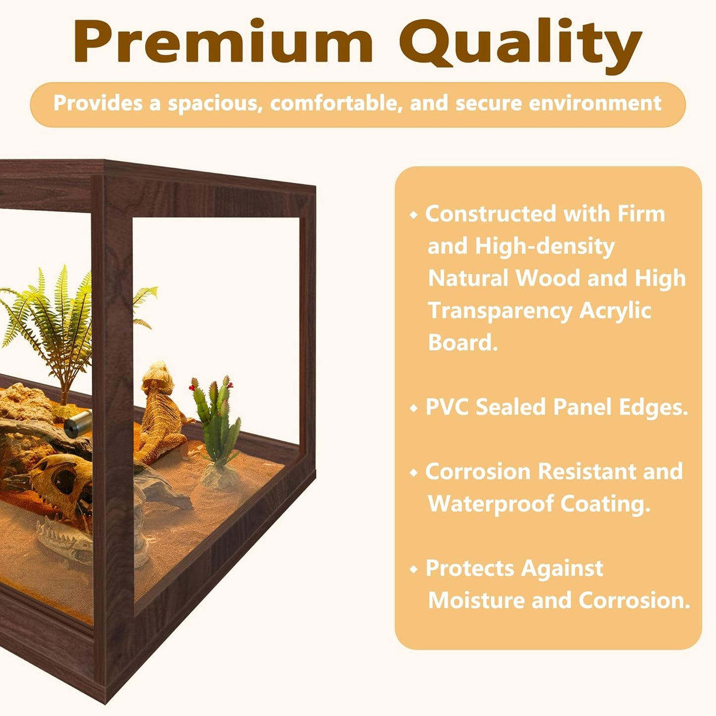 PROLEE Bearded Dragon Tank,60 Gallon Reptile Tank with Meatl Mesh Roof and Front Sliding Door, Anti-Scratch Lizard Tank,Spacious Reptile Enclosure for Snakes,Lguanas, Chameleons(Walnut)