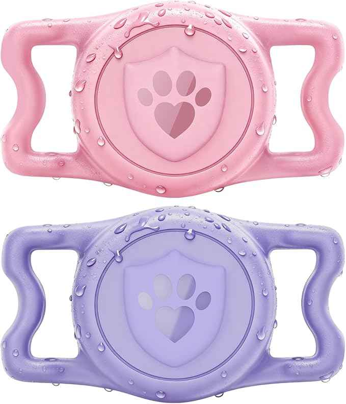 for Airtag Dog Collar Holder – (2 Pack) IP68 Waterproof Dog Air Tag Holder for Dog Collar, Anti-Lost & Durable Silicone Case, Compatible with Apple AirTags (Pink & Purple)