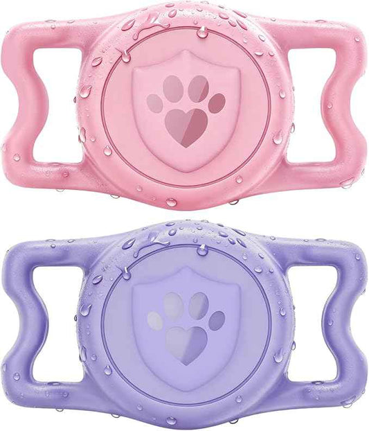 for Airtag Dog Collar Holder – (2 Pack) IP68 Waterproof Dog Air Tag Holder for Dog Collar, Anti-Lost & Durable Silicone Case, Compatible with Apple AirTags (Pink & Purple)