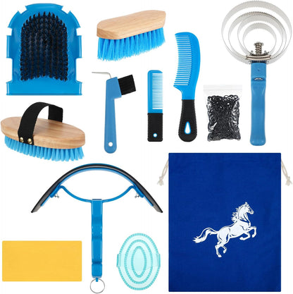 Abbylike 12 Pieces Horse Grooming Kit Racing Festival Tack Room Supplies Horse Brush Sets Equine Care Cleaning Kit Shedding Grooming Massaging Tools(Blue)
