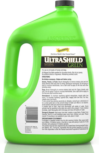 Absorbine UltraShield Green All-Natural Fly & Insect Repellent for Horses & Dogs, Essential Oils Repel & Control, 128oz Bottle, No Sprayer