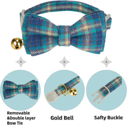 2 Pack Soft Cotton Cat Collars with Bowtie and Bell Breakaway Plaid Cat Kitten Collar(Ocean Blue and Mocha Tweed)