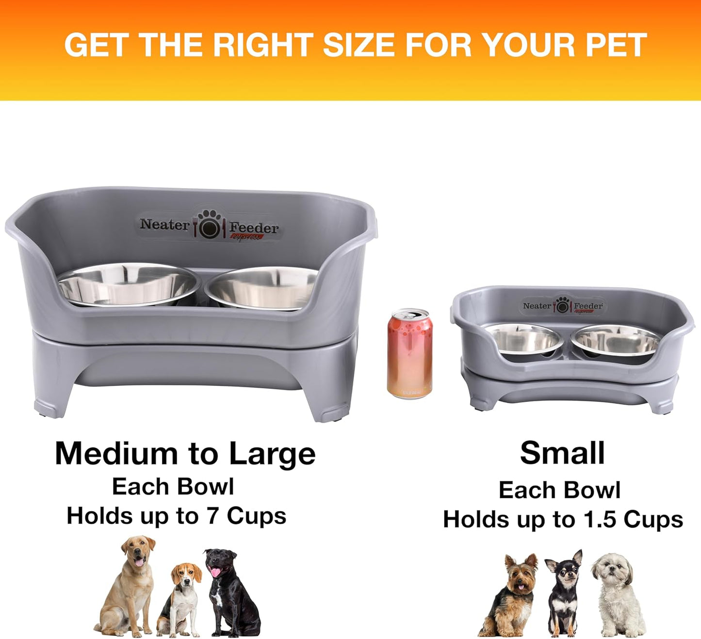 Neater Feeder Express Mess Proof Dog Bowls Elevated for Small Breeds Under 15 Lb, Made in USA, No Spill Raised Dog Food Bowl Stand, Stainless Steel Food and Water Bowl Set, Feeding Station, Grey
