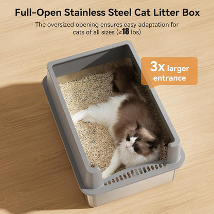 28" Extra Large XXL Stainless Steel Cat Litter Boxes with Lid Metal Cat Litterbox Pan for Big Cats and Multiple Cats, Anti-Leakage, Easy Cleaning, Include Scoop