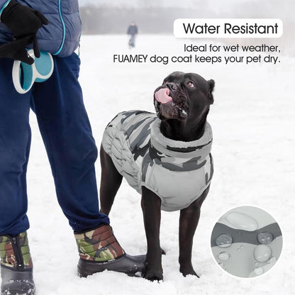FUAMEY Dog Coat for Large Dogs,Waterproof Dog Winter Jacket with Harness Built in Puppy Cold Weather Coats Reflective Pet Vest with Zipper Warm Fleece Dogs Snowsuit Windproof Grey Camo XL