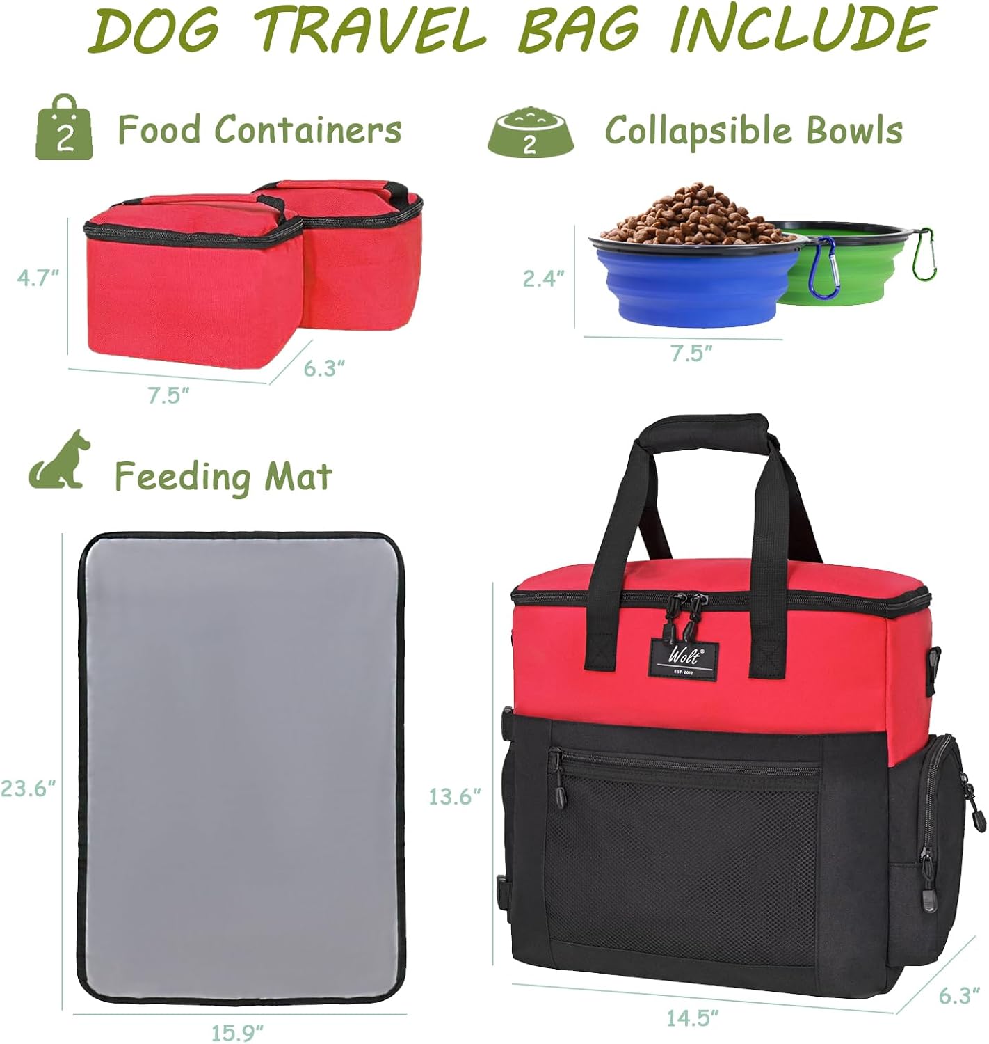 WOLT Dog Travel Bag Dog Bag for Traveling and Supplies with 2 Collapsible Bowls, 2 Food Containers, 1 Place Mat, Red