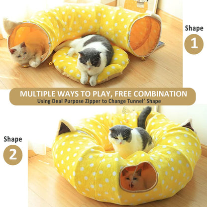 AUOON Cute Cat Donut Tunnel - Round Cat Tunnel Bed with Washable Cushion Interactive Cat Toy for Indoor Cats Kitten Kitty Puppy Rabbit Ferret (Pink)