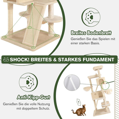 MUTICOR 66 Inches Multi-Level Large Cat Tree Tower for Indoor Big Feline/Cozy Plush Perches/Condo/Sisal Scratching Posts/Hammock and Baskets/Activity Center Play House/Wide Base/Beige