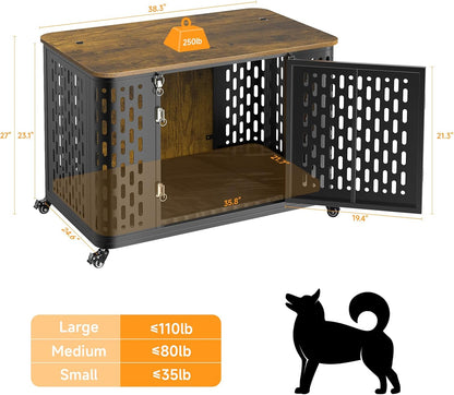 ONBRILL Dog Crate with Cushion, 38" Wood Heavy Duty Dog Crate Furniture with Flip Top & Wheels for High Anxiety Dog, Escape Proof Pet Cage for Small/Medium Dogs