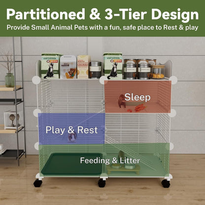 Large Guinea Pig Cages Indoor on Wheels, 3 Tier C&C Ferret Cage Small Animal Hideout House with Top & Removable Tray, Pet Playpen Fence for 1-3 Hamster, Rat, Chinchilla, Hedgehog