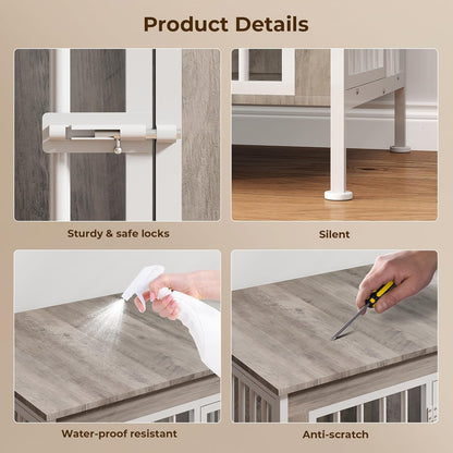 63 Inch Dog Cage Furniture for 2 Large/Medium Dogs with Removable Divider, Extra Large Double Doors Dog Kennel, XXL Thick Wooden Dog cage Furniture, Durable and Sturdy, Beige