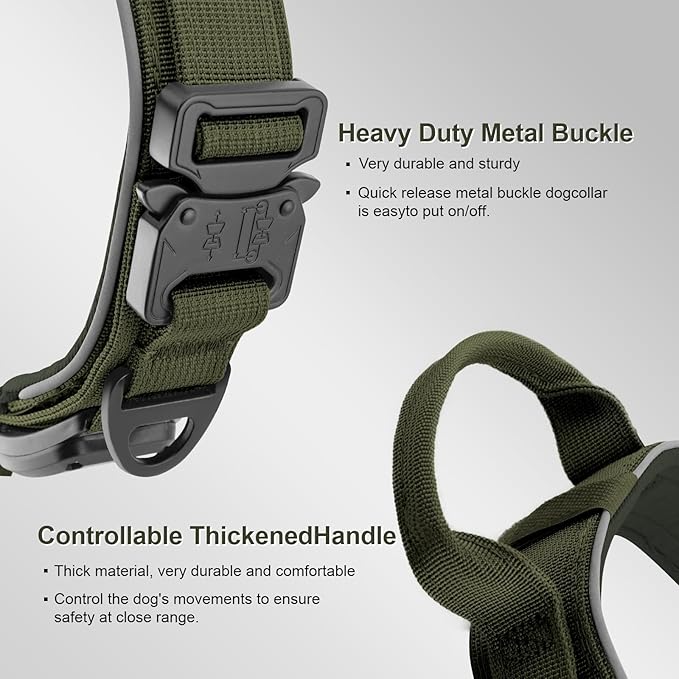 2026 Upgrade Dog Collar with IPX8 Waterproof AirTag Holder,Military Tactical Comfortable Control Handle and Ultra-Durable Metal Buckle/Night Reflective,GPS Collar for Medium to Large Dogs（ArmyGreen/L）