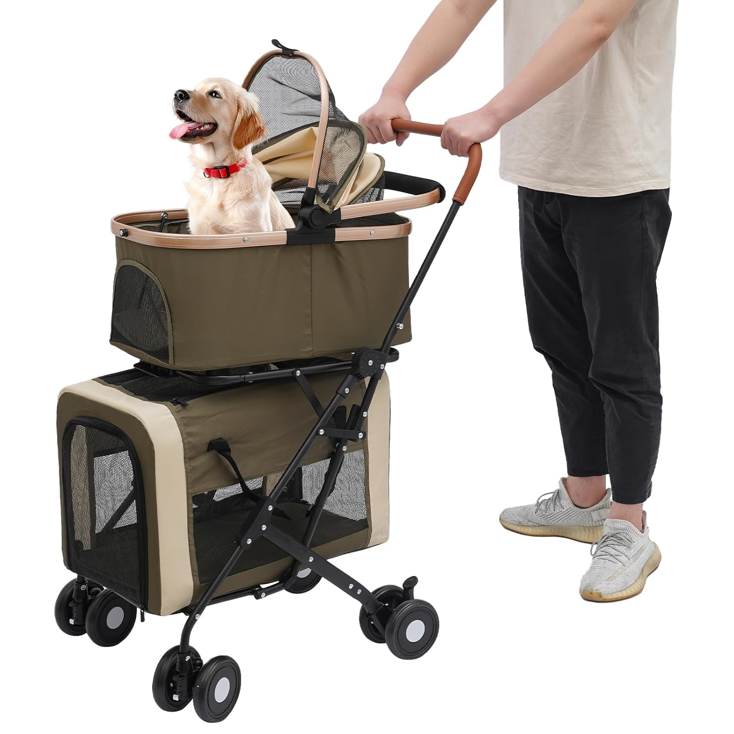 Double Pet Stroller with Detachable Carriers, Large Cat & Dog Stroller with 4 Wheels, Foldable Pet Strollers Small & Medium Dogs Cats 77lbs (Dark Green) - Pawvie