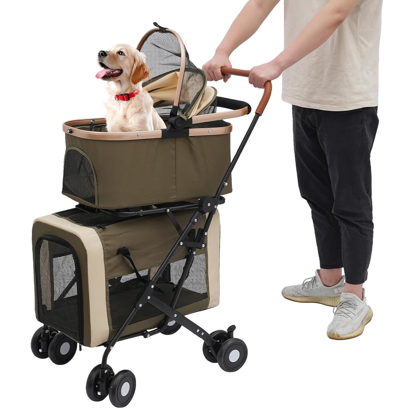 Foldable Pet Stroller for Small & Medium Dogs, Double Dog & Cat Stroller with 3-in-1 Travel System, Detachable Pet Carrier with Wheels for Cats and Dogs up to 77 lbs, Dark Green - Pawvie
