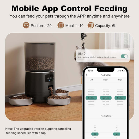 3-Cat Automatic Pet Feeder, 6L WiFi Cat Food Dispenser with APP Control, 1-10 Meal Programmable, Voice Recorder, Smart Alerts, Stainless Steel Bowls for Cats and Small Dogs (Black)