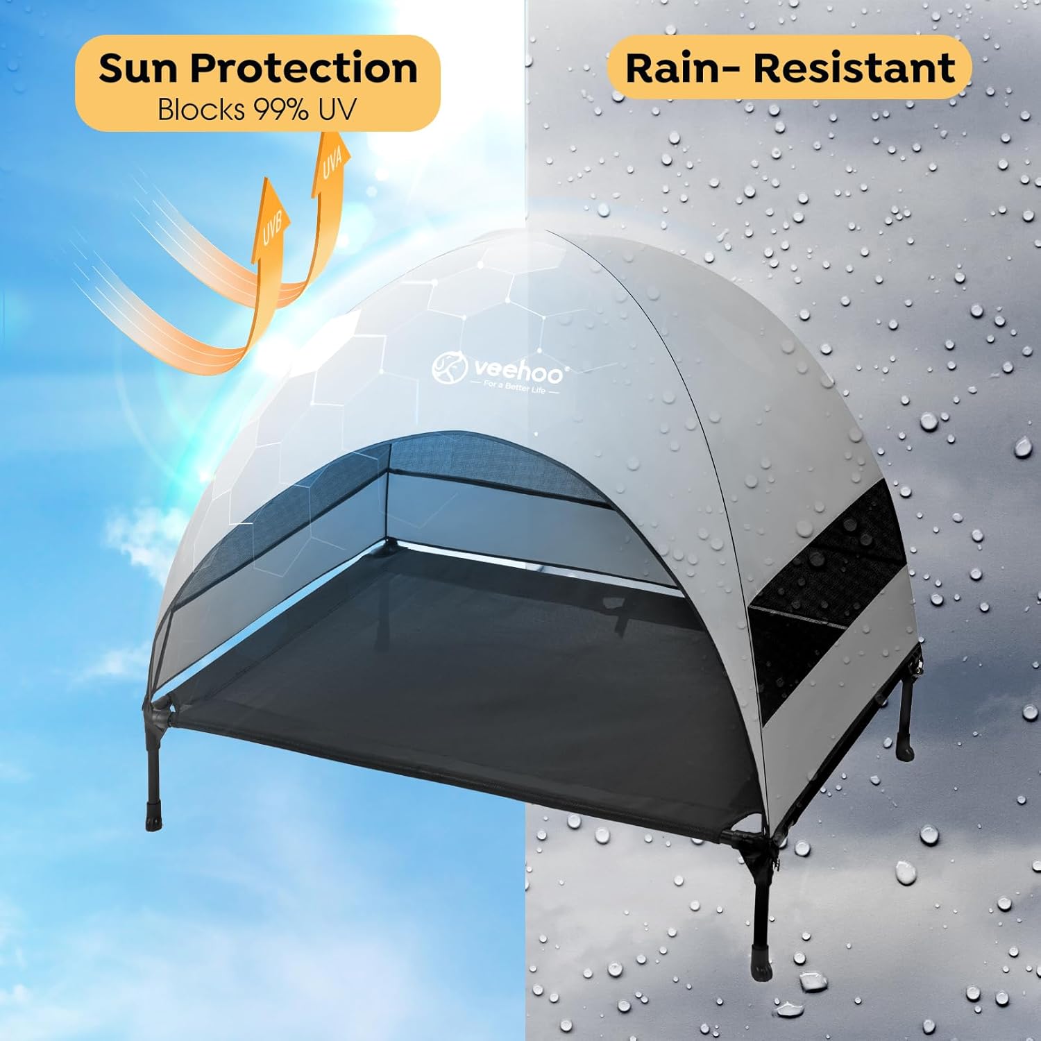 Veehoo Outdoor Dog Bed with Canopy, Cooling Elevated Pet Cot with Removable Shade, Non-Slip Feet, Raised Dog Cot for Large Dogs, Pet Tent Bed for Camping, Beach, Large, Black, CWC2411 - Pawvie