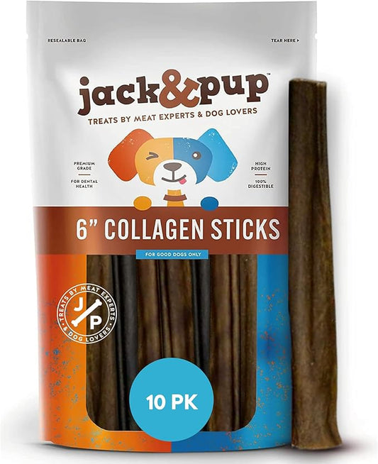 Jack&Pup 6" Beef Collagen Sticks | Rawhide Free, Long Lasting Dog Chews | Healthy Single Ingredient Treats for Medium Dogs | Bully Stick Alternative (10 Pack)