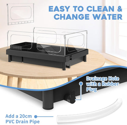 Small Turtle Tank Kit, Acrylic Turtle Tank Starter Kit with Basking Platform, Bottom Drainage, Multi-Function Areas for Turtles, Crabs, Crayfish, Small Reptiles. (Black Kit) - Pawvie