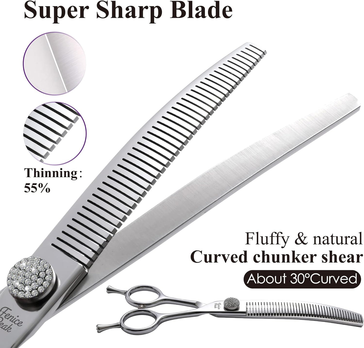 Fenice Peak 7.5‘’ Curved Thinning Dog Grooming Scissors with Jewelled Screw 440C Stainless Steel Pet Grooming Bulking Shears with Symmetrical Handle and Decorative Tail Nails Fluffy Scissors